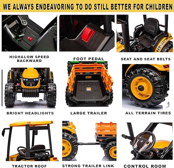 24V Kids Ride On Tractor w/Remote Control, 3IN1 Riding Tractor w/Trailer&Front Loader, Power Wheels 24V Ride on Toys for Boys Girls, Kids Ride on Excavator (Yellow Tractor with Trailer&Front Loader)