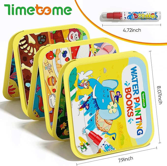 Timetome Reusable Water Painting Book for Kids - 3 Pack Magic Watercolor Books with Water Pen Fairy Tale, Animal & Dinosaur Themes | No Mess Paint & Reusable Fun for Ages 3+