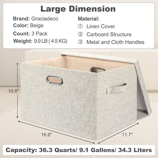 Graciadeco Large Quart Collapsible Stackable Storage Bins with Lids, 3 Packs Beige Linen Fabric Closet Boxes with Lids, Storage Cube Baskets Container Organizers for Bedroom Office(16.6 x 11.7 x 10.8)