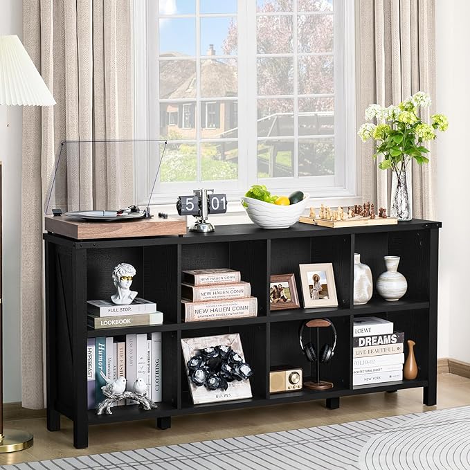 Joaxswe 8 Cube Book Shelf, Farmhouse Wood Long Storage Organizer Bookcase, 62" Horizontal Black Console Closet Bookshelf, Hallway TV Stand for Entryway, Display Cabinet Book Case for Living Room
