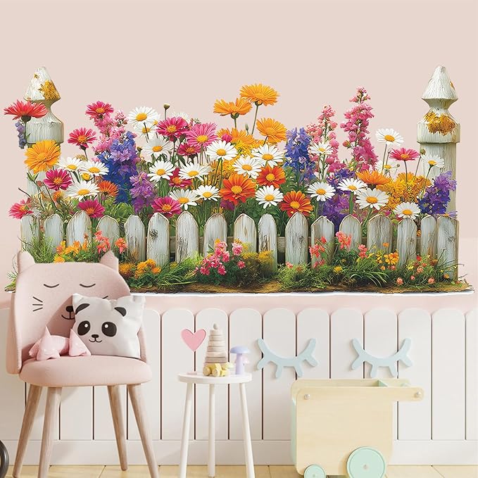 Daisy Flowers Wall Decals Spring Flowers Fence Wall Stickers Removable Art Sticker for Living Room Bedroom Classroom Nursery Decor