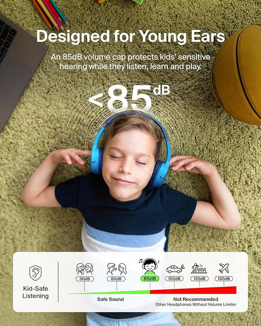 Belkin SoundForm Mini - Wireless Bluetooth Kids Headphones, 30H Battery, 85dB Safe Volume Limit, Built-in Microphone - Toddler On-Ear Earphones for iPhone, iPad, Fire Tablet, Ideal for School - Blue