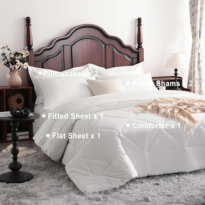 NTBAY King Comforter Set with Sheets, 7 Pieces Soft and Breathable King Bedding Set, Bed in a Bag, Down Alternative Comforter Set Solid Color All Season, King Bedding Set, White