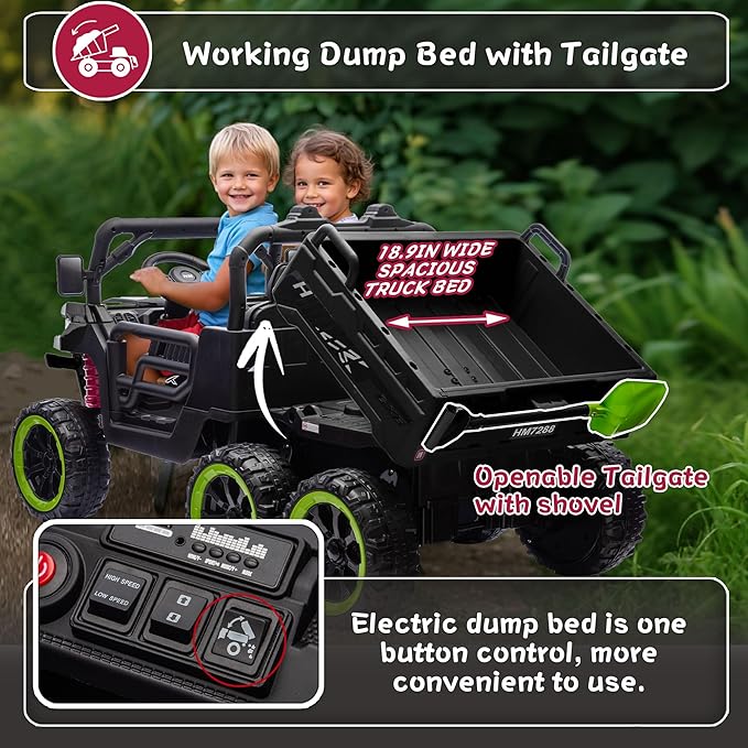 24V 2 Seater 4WD 6x6 Ride On Dump Truck with Remote Control, Ride on Toys for Big Kids with 20inch Seat, 3 Speeds, 4X100 Motors, Music, Ride on Truck for Toddler Boys Girls, Black
