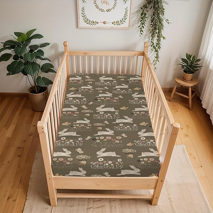 Vintage Hopping Bunnies Baby Crib Sheets for Boy Girl 52x28Inch Retro Rabbits Boho Floral Soft Stretchy Fitted Crib Mattress Cover Spring Easter Baby Sheet for Standard Crib & Toddler Mattresses
