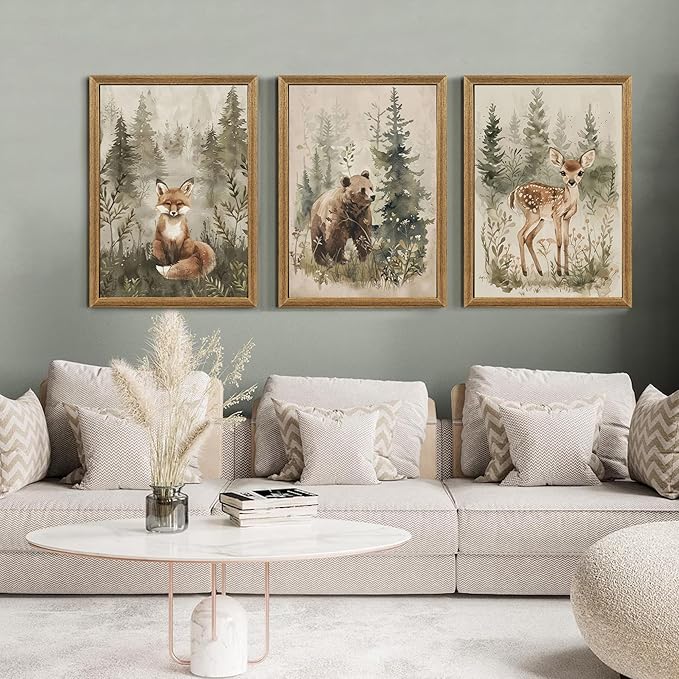 ICHZUMW Woodland Nursery Decor Wall Art Set of 3, Cute Forest Animals Canvas Prints Bear Fox Deer Pictures, Nature Watercolor Paintings for Baby Room Kids Bedroom Playroom, Neutral Artwork, 16x24in