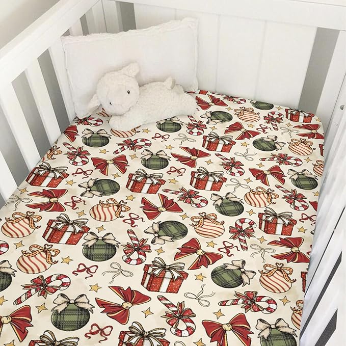 Vintage Christmas Baby Crib Sheets for Boy Girl Cute Christmas Bows Gift Balls Candy Glitter Soft Snug Fitted Crib Mattress Covers for 52x28 Standard Crib & Toddler Mattress Winter Holiday Bed Sheet