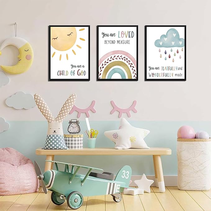 Kids Bible Verse Wall Art, Christian Scripture Wall Decor Paintings Set of 3, Nursery Rainbow Inspirational Posters Prints Pictures for Classroom Kids Room Baby Room Bedroom 12x16 Inch Wood Framed