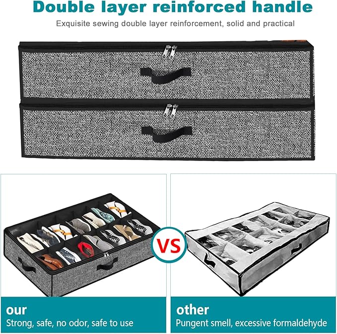 Meerainy Under Bed Shoe Storage Organizer for Closet 2 Pack- Fits 28 Pairs Underbed Shoes Container Boxes with 2 Sturdy Handles and Clear Window Black