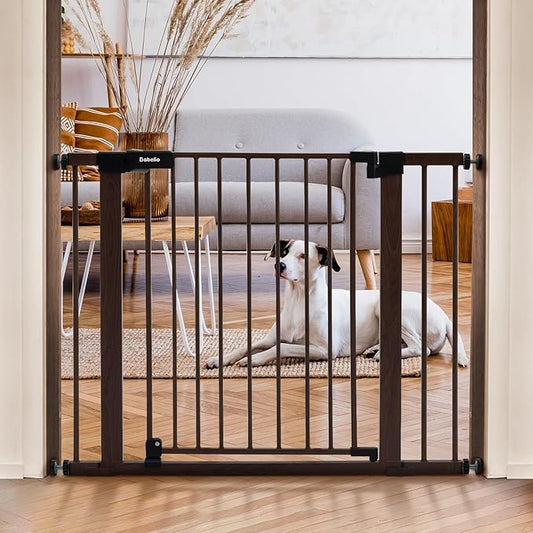 Mom's Choice Award Winner-BABELIO 26-40" Metal Baby Gate with Black Wood Pattern, PressGuard C5 Easy Install Pressure Mounted Dog Gate for Stairs and Doorways, with Wall Protectors and Extension Kits