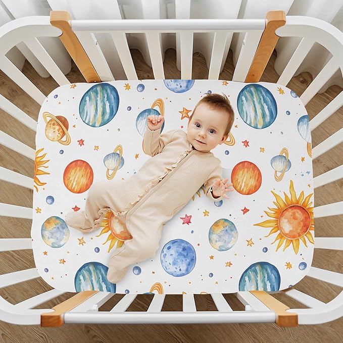 Baby Crib Sheets Fitted Crib Sheet Standard Crib and Toddler Mattress for Boys Girls 39 * 27in Pink Starfish Shell Pattern (Planet Watercolor Pattern, Medium)