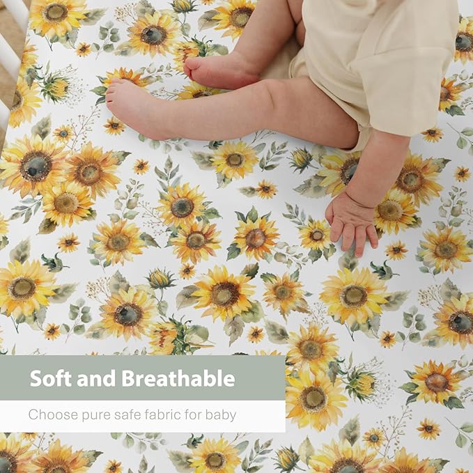 Yellow Sunflower Floral Baby Crib Sheets for Boy Girl 52"x28" Boho Sunflowers Leaves Soft Snug Fitted Crib Mattress Cover Summer Spring Garden Baby Sheet for Standard Crib and Toddler Bed Mattresses