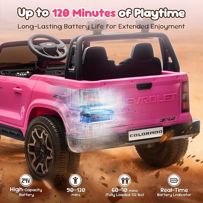 24V Ride On Car for Toddlers and Kids, Licensed Chevrolet Colorado ZR2 2-Seater 4WD Electric Truck with Remote Control, Battery Powered Wheels, LED Lights, Bluetooth Music, 132 lbs Load Capacity