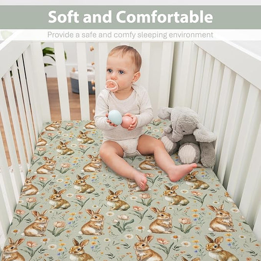 Vintage Rabbit Floral Baby Crib Sheets for Boy Girl 52"x28" Spring Bunnies Flowers Soft Stretchy Fitted Crib Mattress Cover Easter Bunny Wildflowers Baby Sheet for Standard Crib & Toddler Bed Mattress