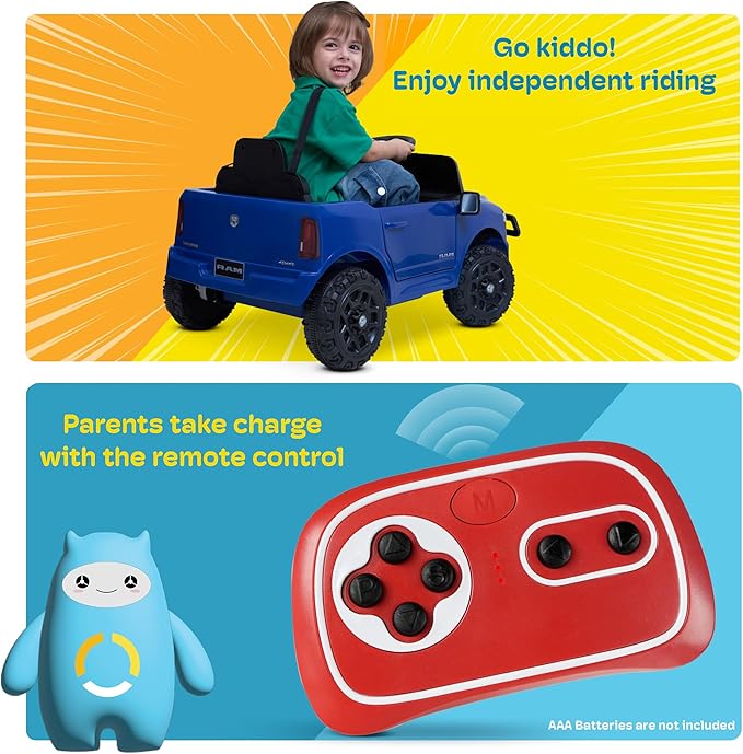 Kidzone Ride On Truck for Kids, Licensed RAM 3500 12V Battery Powered Electric Car Toy with Remote Control, LED Lights, Bluetooth Music & Rear Suspension - Black