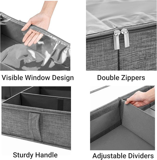 Gurajo 2 Packs Under Bed Storage Containers, Foldable Clothes Draw Organizers with Adjustable Dividers, Handles, Clear Window, Closet Storage Bins for Clothing, Shoes, Blankets