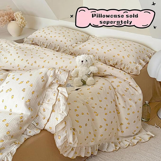 BuLuTu Cute Yellow Duck Print Duvet Cover Twin for Kids Toddler Girls Boys 100% Cotton Muslin Quilt Cover Twin, 68"x86", Ruffled Bedding Soft Breathable, Zipper Closure, No Pillowcase