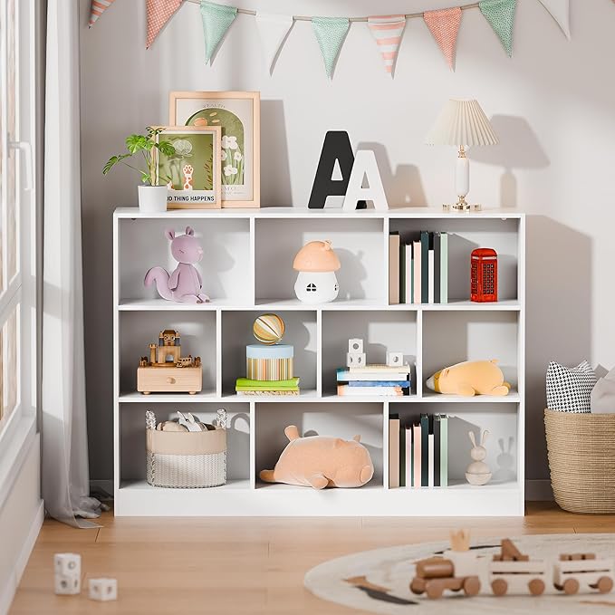 Cozy Castle White Bookshelf, 3-Tier Open Shelf Bookcase, 10 Cube Storage Organizer with Anti-Tilt Device for Bedroom, Living Room, 55.11" W x 11.61“D x 40.94“H