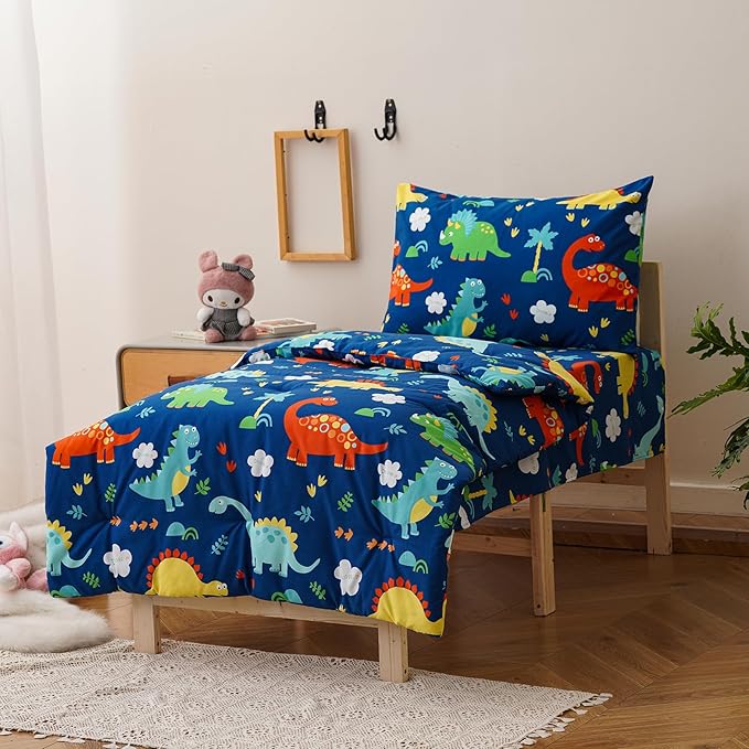 KAREVER Cartoon Toddler Bedding Set Dinosaur Print 4 Pieces Crib Bed Set Kids Animal Print Comforter Set