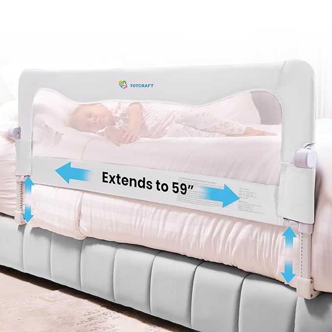 TotCraft FlexGuard Adjustable Length & Height Bed Rail for Toddlers – Fits Twin, Full, Queen & King Beds – 35.5″ or 59″ Two Fixed Lengths – 14 Height Levels – ASTM Certified Kids Safety Guard (White)