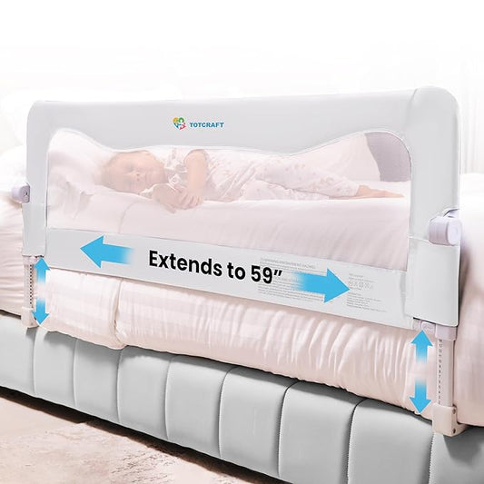 TotCraft FlexGuard Adjustable Length & Height Bed Rail for Toddlers – Fits Twin, Full, Queen & King Beds – 35.5″ or 59″ Two Fixed Lengths – 14 Height Levels – ASTM Certified Kids Safety Guard (White)