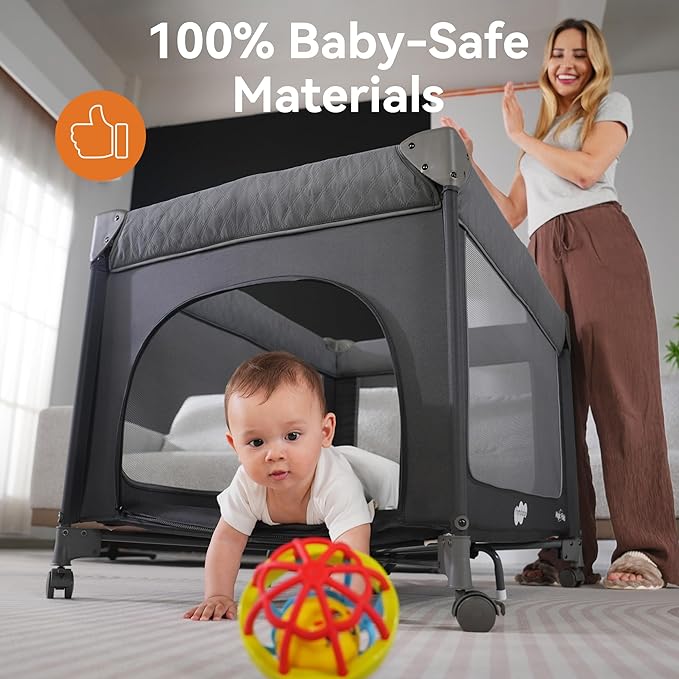 Pamo Babe 1 Step Setup 3-in-1 Playard for Babies - Portable Crib with Zip Door & Changing Table