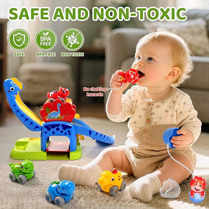 Marstone Toddler Toys for 1 Year Old Boy Gifts: Dinosaur Slide with 4 Animal Cars Educational Baby Toys 12-18 Months, First 1st Birthday Gifts for Kids, Girls, Push Car Race Track for Toddlers 1-3