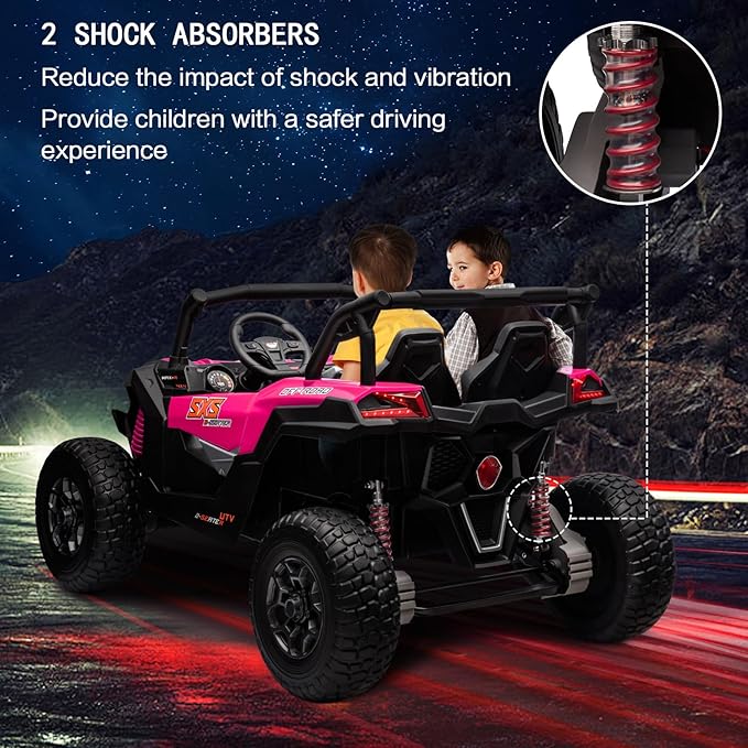 MOLACHI 24V Kids UTV with Remote Control, 2 Adjustable Seater 4WD Ride On Toy for Big Kids Ride On Truck with EVA Wheels, 3 Speeds Vehicle, LED Lights, 4 Shock Absorbers, Music & Horn, Bluetooth, Pink