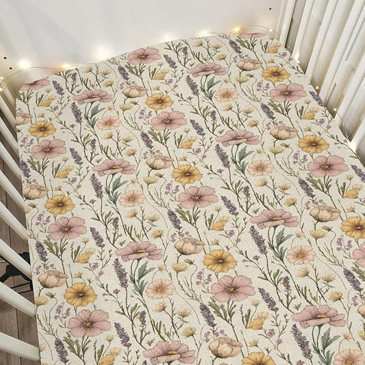 Vintage Floral Baby Crib Sheets for Boy Girl 52"x28" Retro Boho Flowers Soft Stretchy Fitted Crib Mattress Covers Wild Plant Spring Summer Baby Sheet for Standard Crib & Toddler Mattress Pad