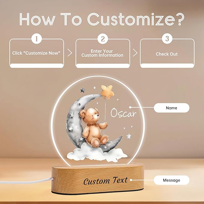 IOUMAM Personalized Baby Gifts Night Light, Custom Name LED Lamp for Kids, Cute Teddy Bear Acrylic Plaque Lamp for Children's Room Nursery Decor, Perfect Baby Shower Christmas Gifts for Boys Girls