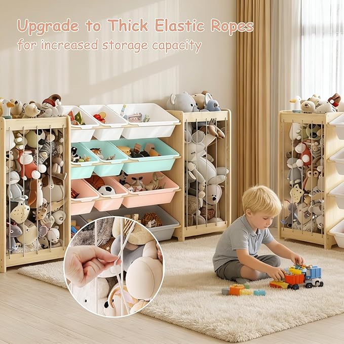 EXPERLAM Toy and Stuffed Animal Storage, 12-Bin Toy Shelf with Double-Sided Stuffed Animal Holder & Thicker Elastic Ropes, Space-Saving Solid Wood Toy Organizer for Playroom, Nursery, Bedroom, Multi