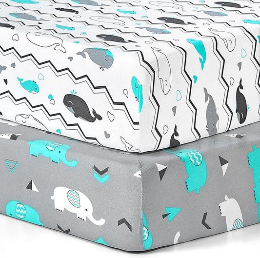 BROLEX Baby Fitted Crib Sheets: Kid Crib Sheets - Set of 2 for Toddler Standard Size Crib Mattress for Boys and Girls - Jersey Knit Crib Bed Sheets Elephant Whale