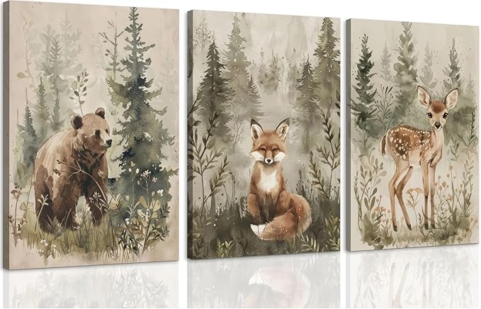 ICHZUMW Woodland Animals Nursery Wall Decor, Nursery Wall Art, Watercolor Bear Fox Deer Painting Print Artwork for Boys Girls Kids Room, Wrapped Canvas, Ready to Hang, 12x16in, Set of 3