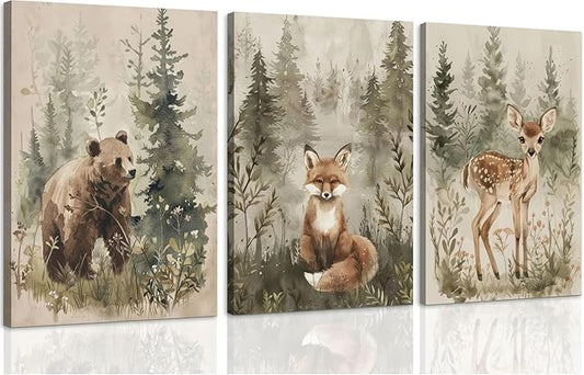 ICHZUMW Woodland Animals Nursery Wall Decor, Nursery Wall Art, Watercolor Bear Fox Deer Painting Print Artwork for Boys Girls Kids Room, Wrapped Canvas, Ready to Hang, 12x16in, Set of 3