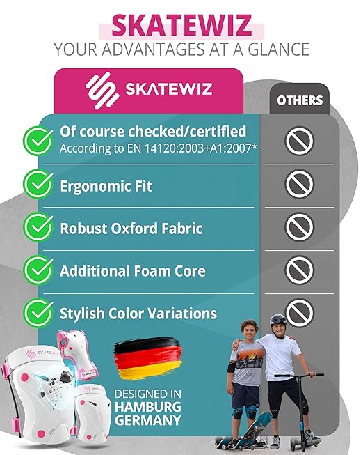 SKATEWIZ Knee Pads for Kids - Knee and Elbow Pads Set - PROTECT-1 - Size M Pink White - Wrist Guards Skating Protective Gear, Skateboard, Roller Skate, Ice Skates For Kids