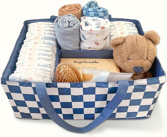Tiny Twinkle Diaper Caddy Organizer | Foldable Baby Storage Basket with Removable Divider | Waterproof & Mess-Proof Fabric, Portable Nursery Organizer for Newborn Essentials (Blue Checkers)