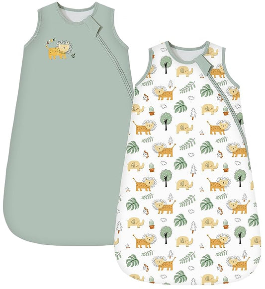 Baby Sleep Sack 6-12 Months 1.0 TOG, 100% Cotton Baby Wearable Blanket with 2-Way Zipper, Infant Toddler Sleeping Sack for Newborn Boys and Girls, Green & Lion