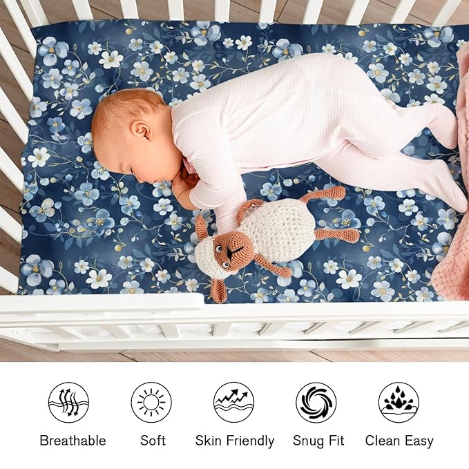 Wonderful Flowers Baby Crib Sheets for Boy Girl 52"x28" Navy White Wild Flowers Leaves Crib Mattress Covers Soft Breathable Boho Spring Garden Baby Sheets for Standard Crib and Toddler Bed Mattress