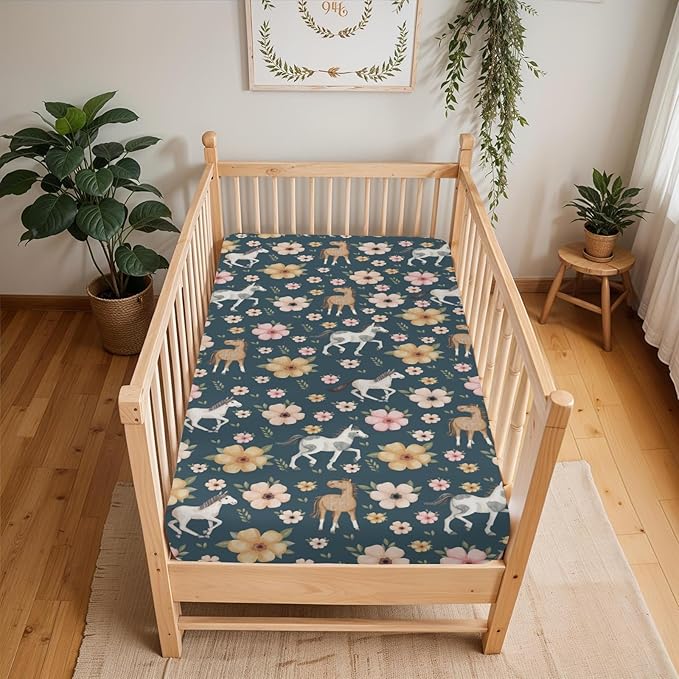 Watercolor Horse Floral Baby Crib Sheets for Boy Girl 52"x28" Running Horses Boho Flowers Soft Snug Fitted Crib Mattress Cover Wild Animals Baby Sheet for Standard Crib & Toddler Bed Mattress Navy