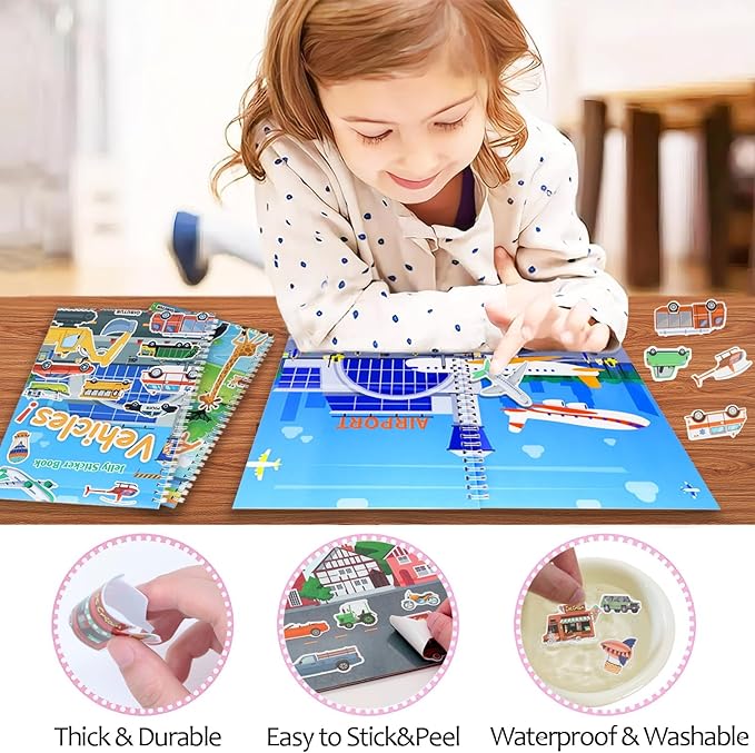 OIBUTUR Jelly Sticker Books for Toddlers 2-4 Years, Reusable Sticker Book for Kids 1-3, Toddler Stocking Stuffers＆Travel Essentials Vehicles Stickers for Kids Toddler Plane Activities (Vehicles)
