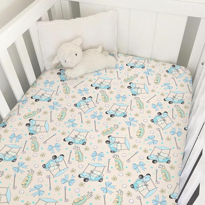 Girly Golf Stripes Bows Floral Baby Crib Sheets for Girls Pastel Blue Golfing Soft Snug Fitted Crib Mattress Covers for 52''x28'' Standard Crib & Toddler Mattress Preppy Girl Sports Nursery Bed Sheets