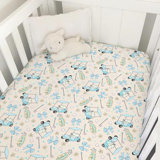 Girly Golf Stripes Bows Floral Baby Crib Sheets for Girls Pastel Blue Golfing Soft Snug Fitted Crib Mattress Covers for 52''x28'' Standard Crib & Toddler Mattress Preppy Girl Sports Nursery Bed Sheets