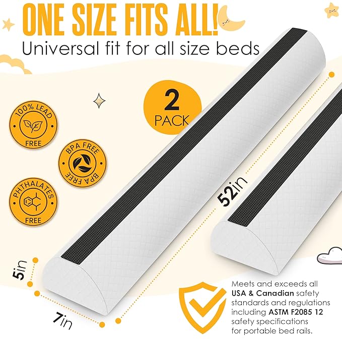 Sleepah Bed Rail for Toddlers (2 Pack) Memory Foam Bumper Guard w Dual Non-Slip Pads (Top & Bottom) Waterproof Washable Soft Removable Cover Safety Noodle for King Queen Full Twin Beds (2)