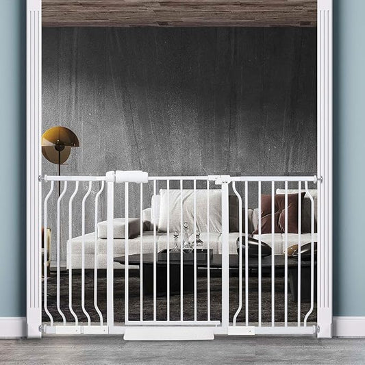 Extra Wide Baby Gate Tension Indoor Safety Gates White Metal Large Pressure Mounted Pet Gate Walk Through Long Safety Dog Gate for The House Doorways Stairs (52.76"-57.48"/134-146CM, White)