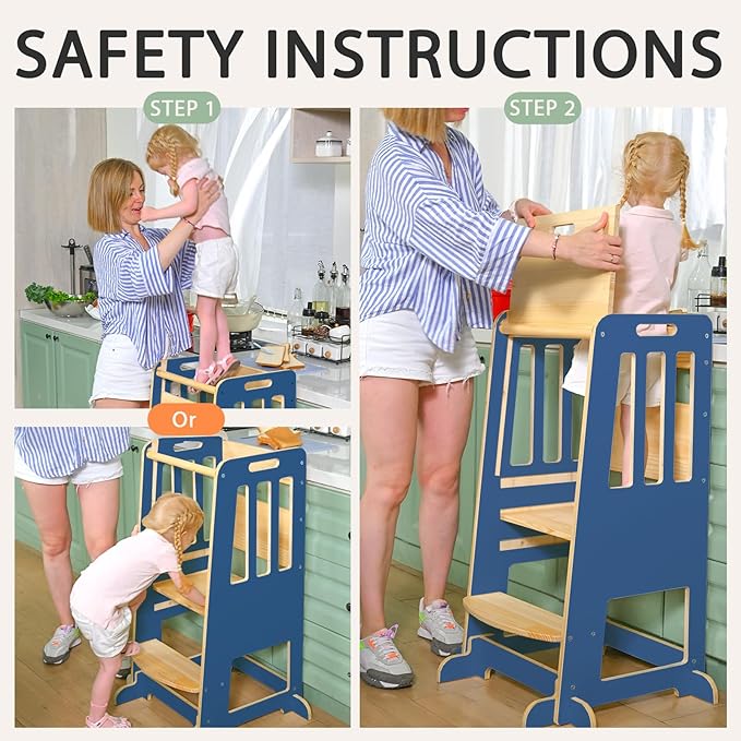 WINGYZ Toddler Tower – Adjustable Step Stool Helper for Kids 18M–6Y, Kitchen Learning Stool with Safety Rail, 3-Height Adjustable, Sliding Door, Full Support Foot, Wooden Updated Design, Dark Blue