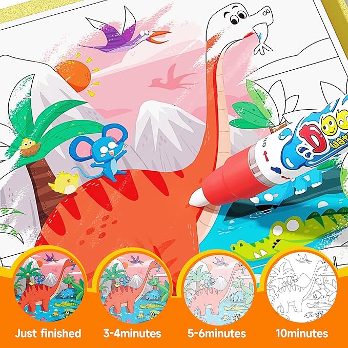 Timetome Reusable Water Painting Book for Kids - 3 Pack Magic Watercolor Books with Water Pen Fairy Tale, Animal & Dinosaur Themes | No Mess Paint & Reusable Fun for Ages 3+