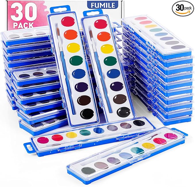 FUMILE 30 Pack Watercolor Paint Set, 8 Colors Washable Valentines Water Color Paint Set for Kids with Paintbrush, Watercolor Paint for Prizes Exchange Gifts, Valentine's Day Gifts, Party Favor, Classroom