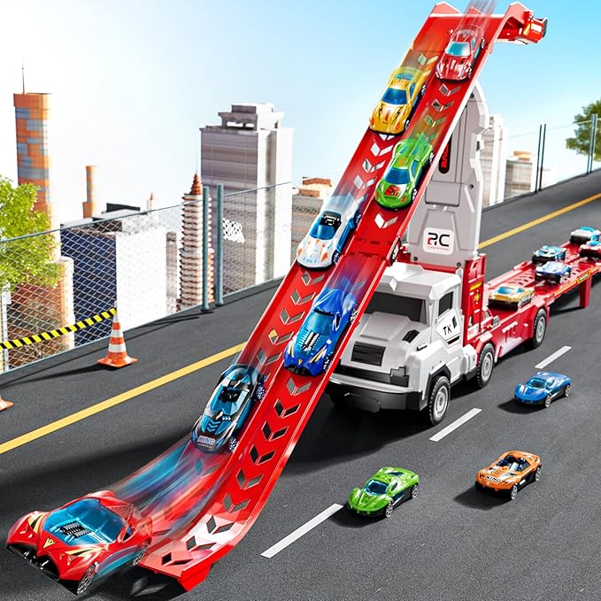Toddler Car Truck Toys for 3 4 5 6 7 8 Years Old Boys, Transporter Truck Toy Track Set with 12 Die-Cast Car Toys, Toy Gifts for 3 4 5 6 Year Old Boys Kids