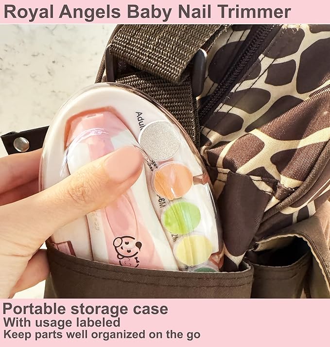 Baby Nail Trimmer 21 in 1, Usage Labeled Case & 13 Extra Replacement Tools, Royal Angels Baby Electric Nail File, Baby Nail Care, Nail Clipper Newborn Toddler Toes & Fingernails Nail Kit (Pink)