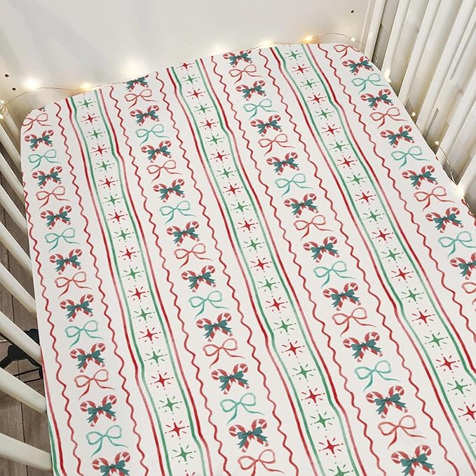 Red and Green Christmas Candy Stripes Bows Baby Crib Sheets for Boy Girl 52x28Inch Winter Christmas Soft Snug Fitted Crib Mattress Cover Festive Holiday Baby Sheet for Standard Crib & Toddler Mattress